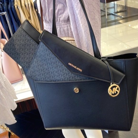 MICHAEL Maisie Large Pebbled Leather 3-in-1 Tote Bag BLACK / BLACK MULTI COLOR - Picture 1 of 16